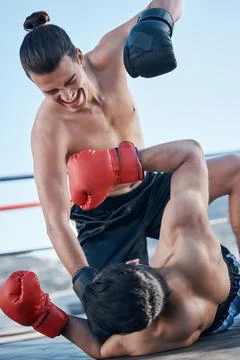 Floor, boxing ring or angry man fighting in sports exercise, workout or match Fotos de archivo