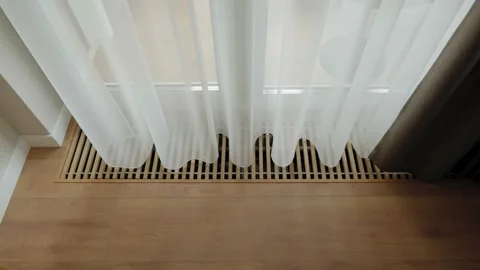 In-floor convector heating system with linear wooden grille 스톡 동영상 321410418