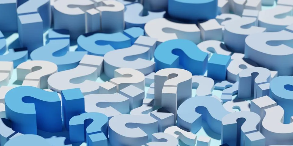 Floor covered with randomly scaled blue question marks, idea, solution or q.. Illustrazione stock