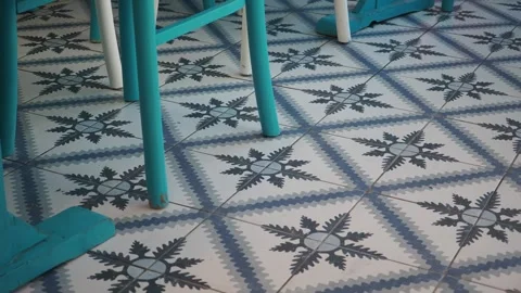 Floor design in a cafe with blue chairs and tables Stock Footage 329740412