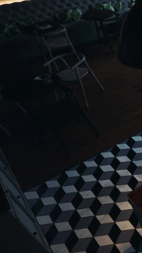 Floor design in a dimly lit space with chairs and tables visible Stock Footage 342192934