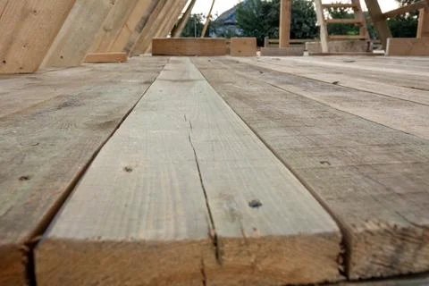 Floor frame house, shallow depth of field. Construction of frame house parts. Stock Photos