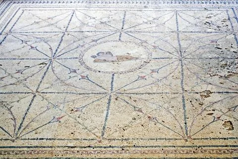 Floor mosaic background with geometric patterns and mythological characters.. Stock Photos
