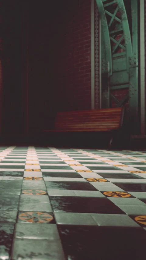 Floor with patterned tiles in a dimly lit room during evening hours Stock Footage 338001218