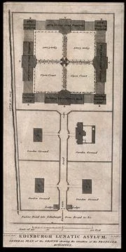 A floor plan of Edinburgh Lunatic Asylum with scale and key, Scotland. Line.. Stock Illustration