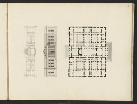 Floor plan, facade and cross-section of a building. Page 11 From a sketchb... Fotos de archivo