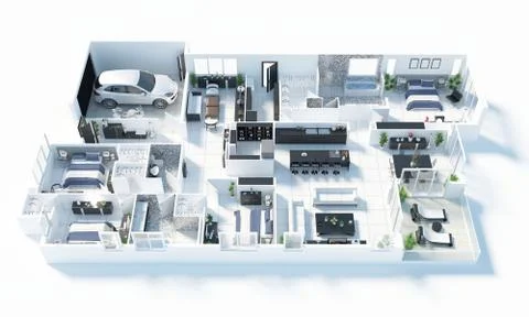 Floor plan of a house top view 3D illustration. Open concept living apartment la Stock Illustration