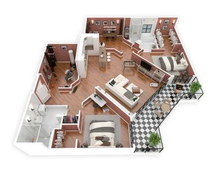 Floor plan of a house top view 3D illustration. Open concept living apartment la Stock Illustration