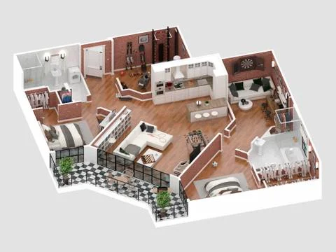 Floor plan of a house top view 3D illustration. Open concept living apartment la Stock Illustration