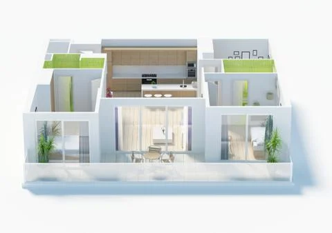 Floor plan of a house top view 3D illustration. Open concept living apartment la Stock Illustration