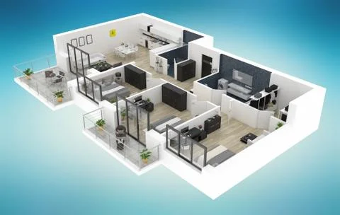 Floor plan of a house top view 3D illustration. Open concept living apartment la Stock Illustration