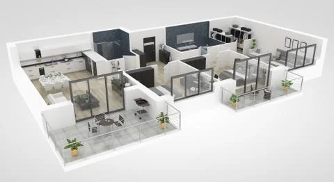 Floor plan of a house top view 3D illustration. Open concept living apartment la Stock Illustration