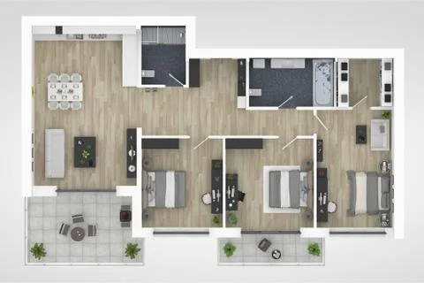 Floor plan of a house top view 3D illustration. Open concept living apartment la Stock Illustration