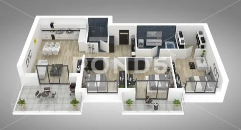 Floor plan of a house top view 3D illustration. Open concept living appartment l Stock Illustration