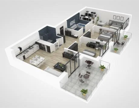Floor plan of a house top view 3D illustration. Open concept living appartment l Stock Illustration