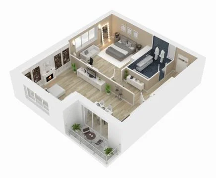 Floor plan of a house top view 3D illustration. Open concept living appartment l Stock Illustration