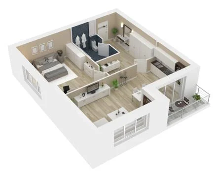 Floor plan of a house top view 3D illustration. Open concept living appartment l Stock Illustration
