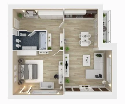 Floor plan of a house top view 3D illustration. Open concept living appartment l Stock Illustration