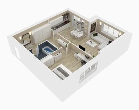 Floor plan of a house top view 3D illustration. Open concept living appartment l Stock Illustration