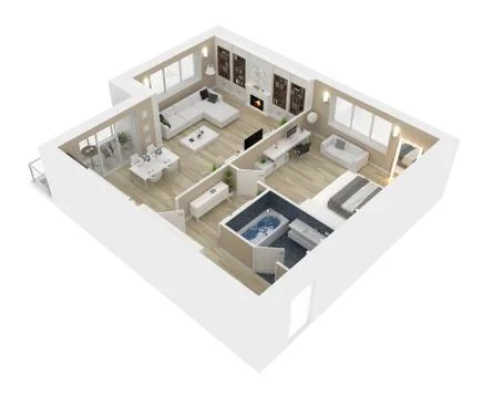 Floor plan of a house top view 3D illustration. Open concept living appartment l Stock Illustration