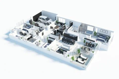 Floor plan of a house top view 3D illustration. Open concept living appartment l Stock Illustration