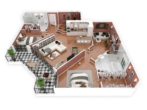 Floor plan of a house top view 3D illustration. Open concept living appartment l Stock Illustration