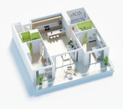 Floor plan of a house top view 3D illustration. Open concept living appartment l Stock Illustration