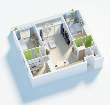 Floor plan of a house top view 3D illustration. Open concept living appartment l Stock Illustration