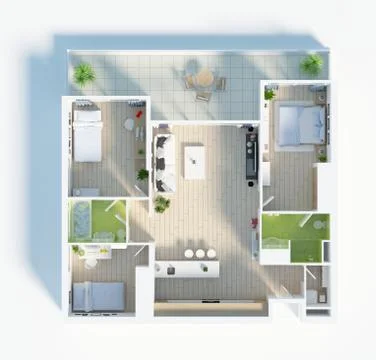 Floor plan of a house top view 3D illustration. Open concept living apartment la Stock Illustration