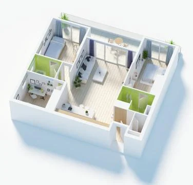 Floor plan of a house top view 3D illustration. Open concept living apartment la Stock Illustration