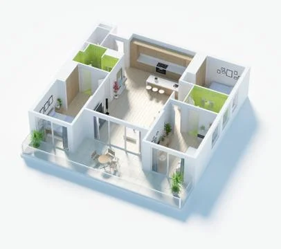 Floor plan of a house top view 3D illustration. Open concept living apartment la Stock Illustration