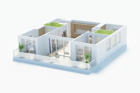 Floor plan of a house top view 3D illustration. Open concept living apartment la Stock Illustration
