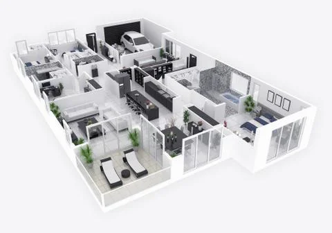 Floor plan of a house top view 3D illustration. Open concept living apartment la Stock Illustration
