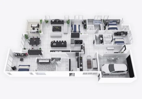 Floor plan of a house top view 3D illustration. Open concept living apartment la Stock Illustration