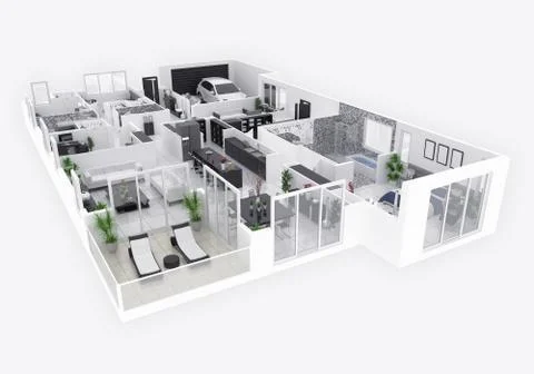 Floor plan of a house top view 3D illustration. Open concept living apartment la Stock Illustration