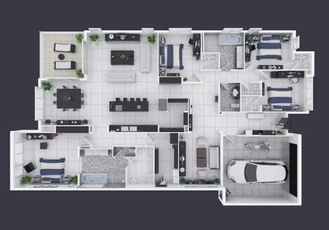 Floor plan of a house top view 3D illustration. Open concept living apartment la Stock Illustration