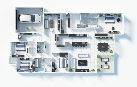 Floor plan of a house top view 3D illustration. Open concept living apartment la Stock Illustration