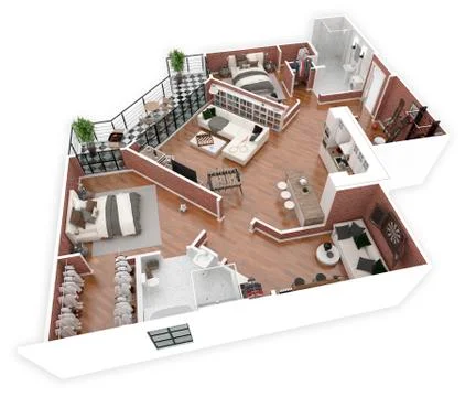 Floor plan of a house top view 3D illustration. Open concept living apartment la Stock Illustration