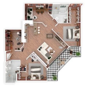 Floor plan of a house top view 3D illustration. Open concept living apartment la Stock Illustration