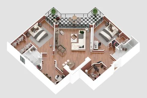 Floor plan of a house top view 3D illustration. Open concept living apartment la Stock Illustration