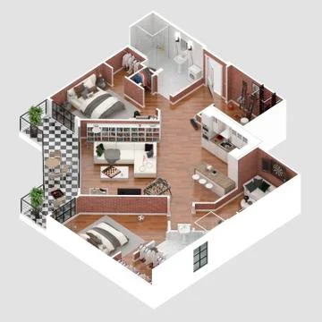 Floor plan of a house top view 3D illustration. Open concept living apartment la Stock Illustration