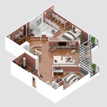 Floor plan of a house top view 3D illustration. Open concept living apartment la Stock Illustration