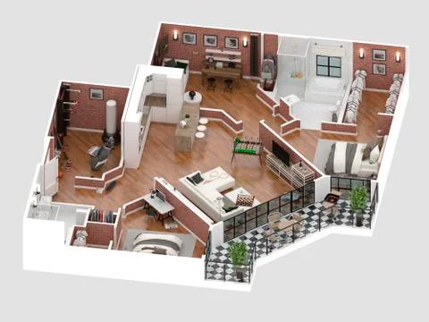Floor plan of a house top view 3D illustration. Open concept living apartment la Stock Illustration