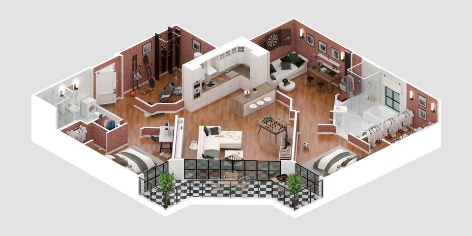 Floor plan of a house top view 3D illustration. Open concept living apartment la Stock Illustration