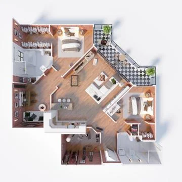 Floor plan of a house top view 3D illustration. Open concept living appartment l Stock Illustration