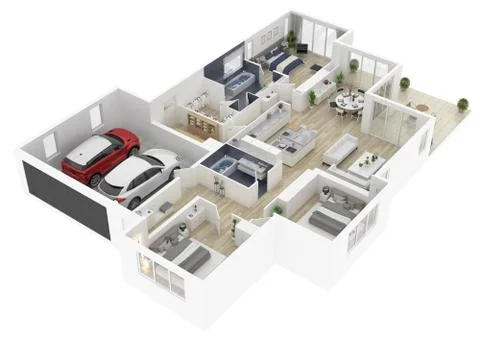 Floor plan of a house top view 3D illustration. Open concept living house layout Stock Illustration