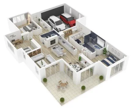 Floor plan of a house top view 3D illustration. Open concept living house layout Stock Illustration
