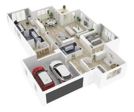 Floor plan of a house top view 3D illustration. Open concept living house layout Stock Illustration