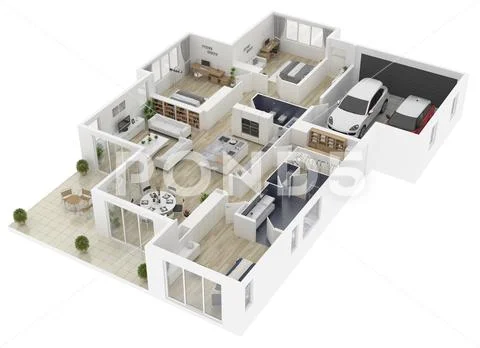 Floor plan of a house top view 3D illustration. Open concept living ...