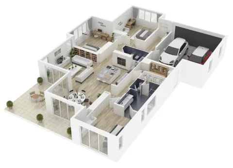 Floor plan of a house top view 3D illustration. Open concept living house layout Stock Illustration